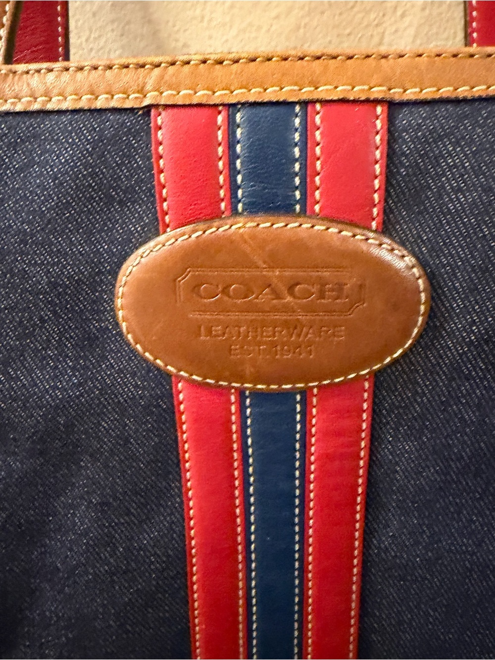 Coach Vintage 2003 Navy Denim Tote with Red & Brown Leather Trim style 6866 - Picture 4 of 16